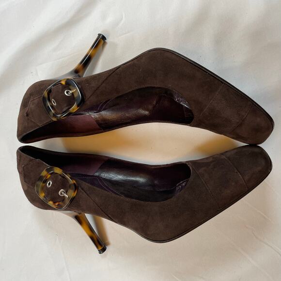 Via Spiga Vintage Italy Chocolate Brown Suede Tortoise Shell Buckle Pumps Sz 10 - Picture 9 of 9
